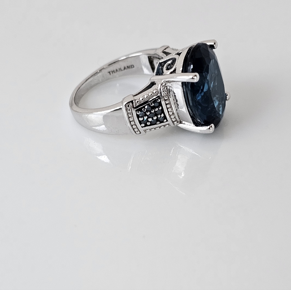 Natural London Blue Topaz & Teal Diamond Ring in Sterling Silver Sz 9! - Picture 15 of 16
